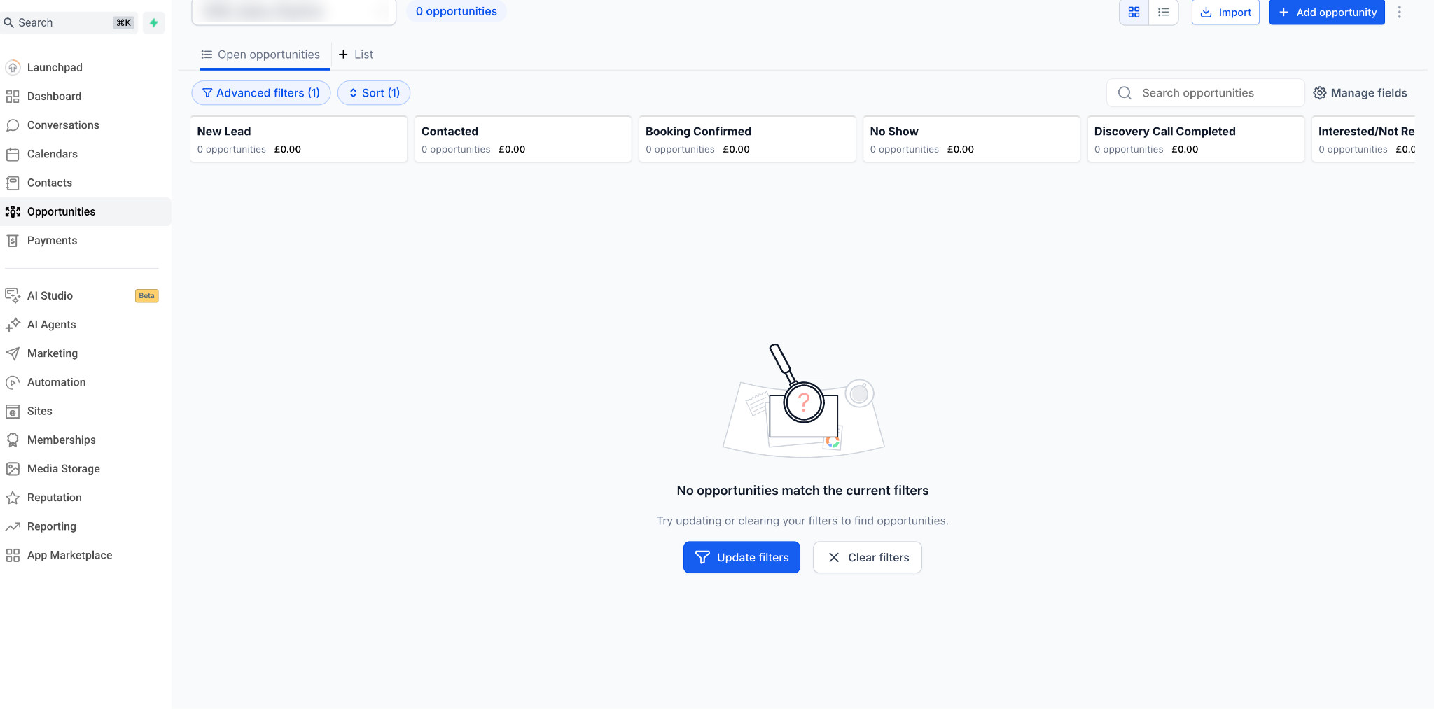 GoHighLevel sales pipeline for a marketing agency showing stages from New Lead through Discovery Call Completed