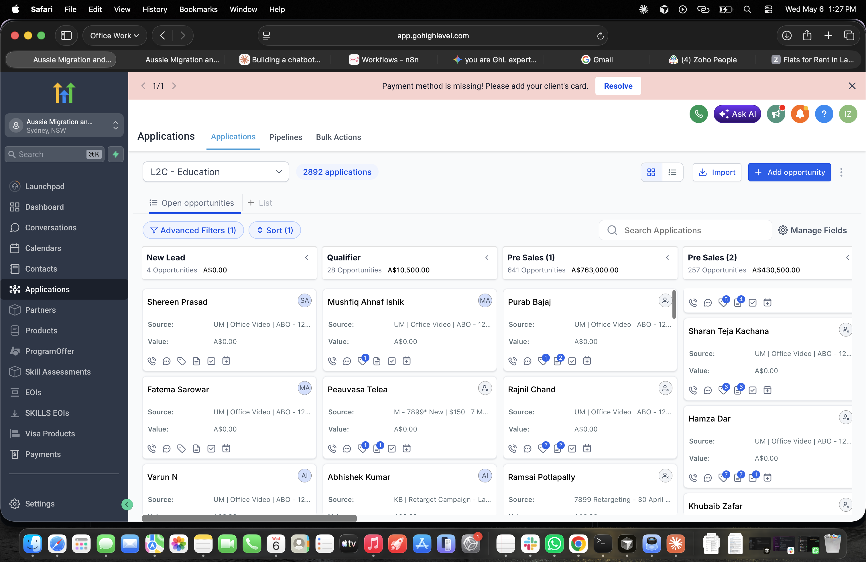 GoHighLevel CRM pipeline managing 11,000+ opportunities across five sub-accounts for a migration and education business