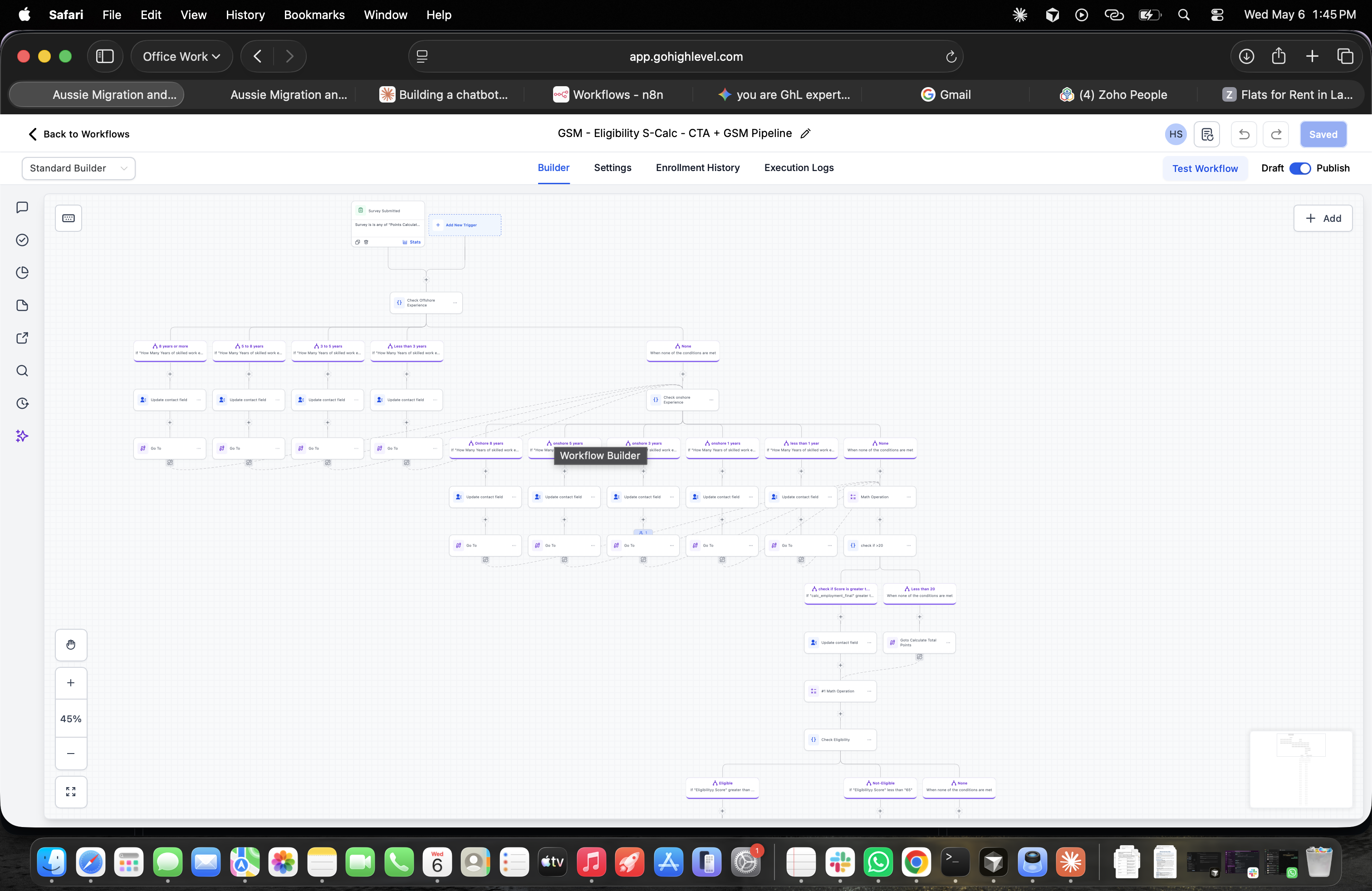 Complex GoHighLevel workflow with 50+ nodes automating GSM eligibility, WhatsApp follow-ups, and pipeline routing