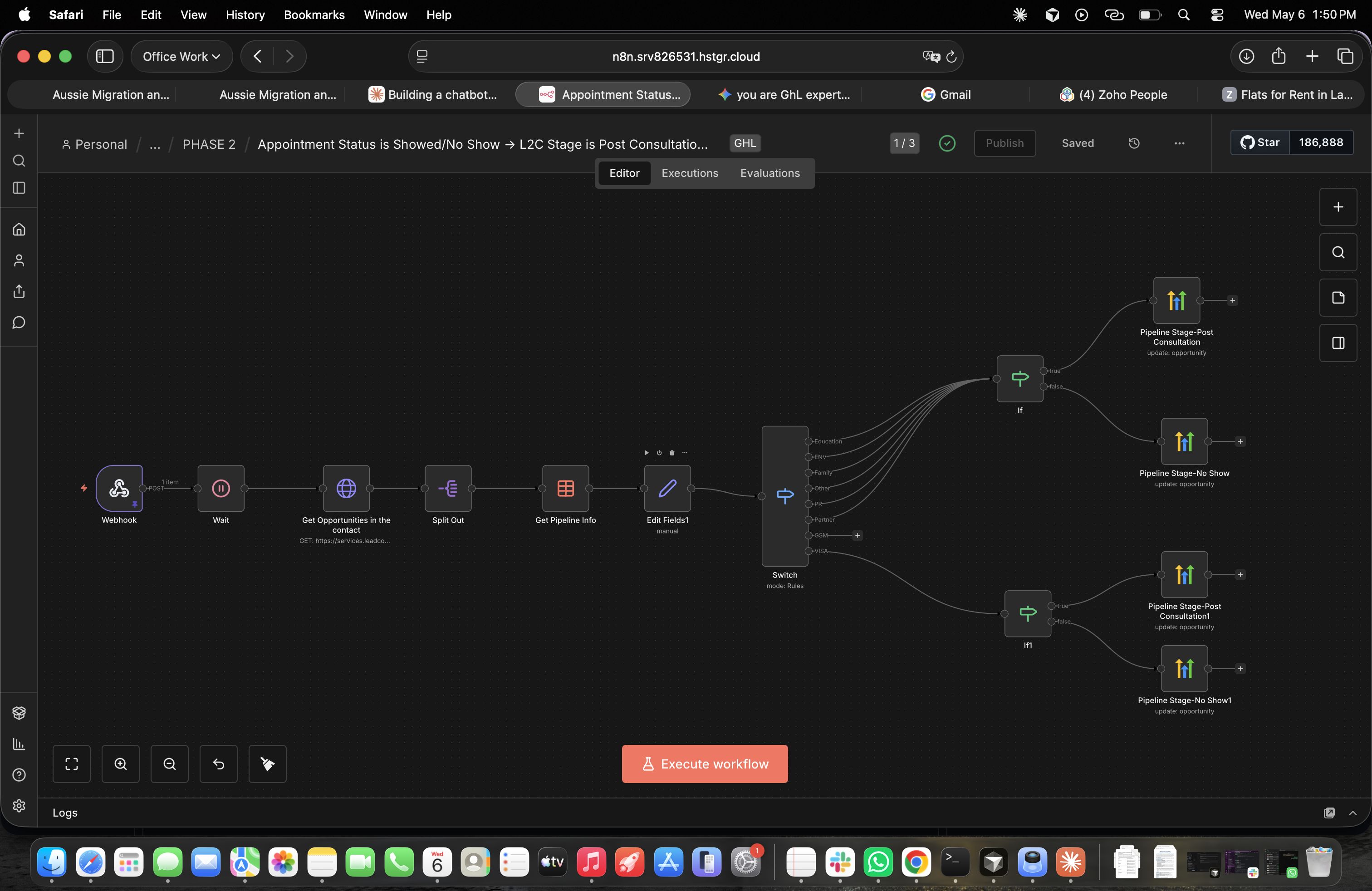 n8n workflow syncing calendar appointments into the GoHighLevel sales pipeline with automatic stage transitions
